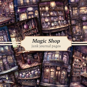 Pages de journal indésirable de la boutique magique, kit de papier pour scrapbooking numérique, potion mystique à imprimer, feuille de collage alchimie, éphémères fantastiques, sorcière violette