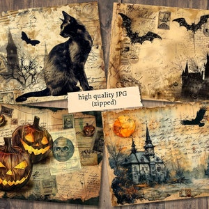May include: Four vintage Halloween digital papers with a distressed, aged look. The papers feature images of a black cat, bats, a haunted house, pumpkins, a castle, and a full moon.