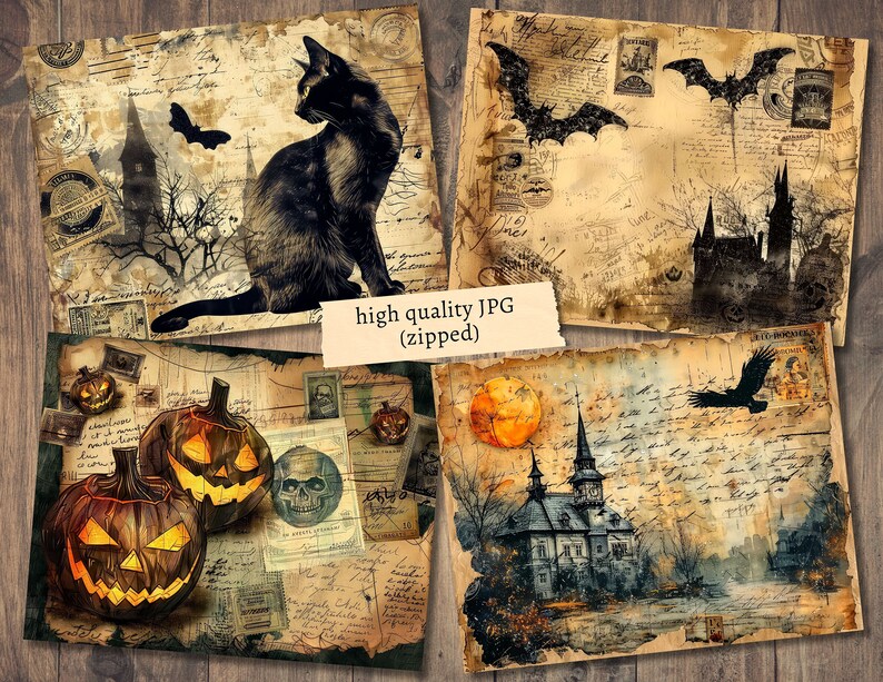 May include: Four vintage Halloween digital papers with a distressed, aged look. The papers feature images of a black cat, bats, a haunted house, pumpkins, a castle, and a full moon.