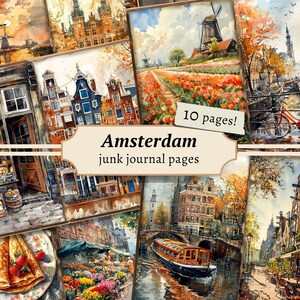 Amsterdam Junk Journal Pages, papel de álbum de recortes digital, holandés imprimible, Países Bajos, hoja de collage de viaje, efímera vintage, descarga de tulipanes
