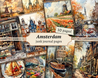 Amsterdam Junk Journal Pages, cyfrowy papier do scrapbookingu, holenderski do druku, Holandia, arkusz kolażu z podróży, zabytkowe efemerydy, tulipany do pobrania