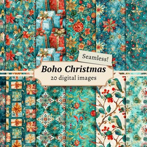 Boho kerst digitaal papier, plakboekachtergronden, afdrukbare bohokerstmis, naadloze kerstpatronen, ongewenste dagboekpagina's, kaarten maken