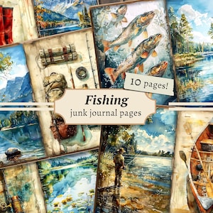 Fishing Junk Journal Pages, digital scrapbook paper kit, fisherman printable, father and son download, collage sheet, vintage ephemera