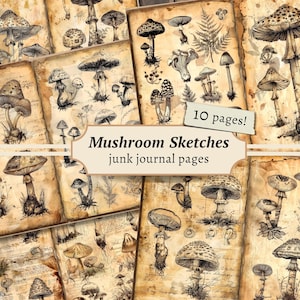 Mushroom Junk Journal Pages, kit di carta per album digitali, funghi stampabili, foglio di collage di erbe aromatiche, oggetti effimeri vintage, download di funghi velenosi