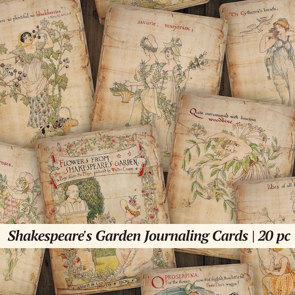 Flores de Shakespeare's Garden Journaling Cards / 20 pc / efímera de diario basura vintage, etiquetas de álbumes de recortes florales, kit de collage de Walter Crane