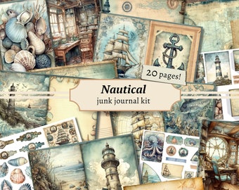 Nautical Junk Journal Kit, Digital Scrapbook Pages, Printable Collage Sheet, Vintage Marine Ephemera, Shabby Chic Beach Paper, Tags Pockets