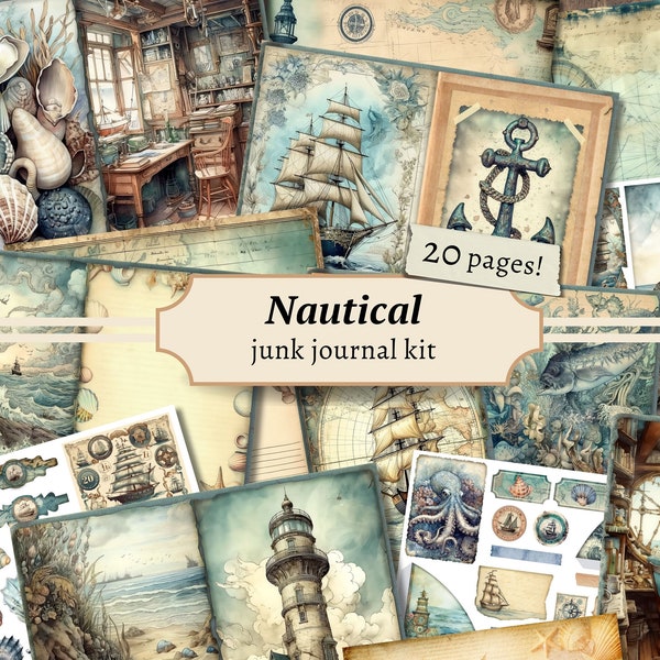 Nautical Junk Journal Kit, Digital Scrapbook Pages, Printable Collage Sheet, Vintage Marine Ephemera, Shabby Chic Beach Paper, Tags Pockets