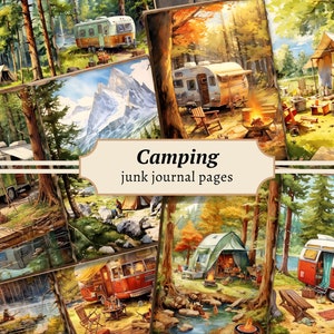 Camping ongewenste dagboekpagina's, digitale plakboekkit, afdrukbaar reizen, wandelen collageblad, vintage ephemera, natuur buiten downloaden