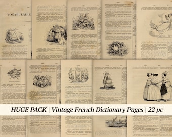 Vintage French Dictionary Pages | 22 pc | digital junk journal ephemera, printable scrapbook kit, aged collage sheet, old book paper texture