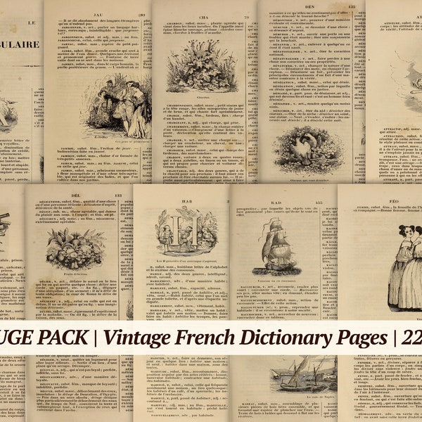 Vintage Französische Wörterbuch-Seiten | 22tlg | Digitales Junk Journal Ephemera, Printable Scrapbook Kit, uraltes Collage Sheet, altes Buch Papierstruktur