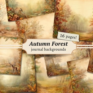 Fondos de bosque de otoño, kit de diario basura digital, otoño imprimible, papel de álbum de recortes, hoja de collage vintage, páginas de árboles de bosque de acuarela