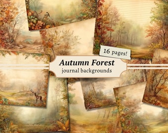 Autumn Forest Backgrounds, Digital Junk Journal Kit, Fall Printable, Scrapbook Paper, Vintage Collage Sheet, Watercolor Woodland Tree Pages