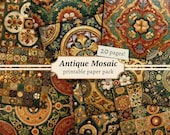 Antique Mosaic Printable Paper Pack, Gold Green Junk Journal Page, Digital Scrapbook Background, Tile Texture Kit, Vintage Collage Sheet