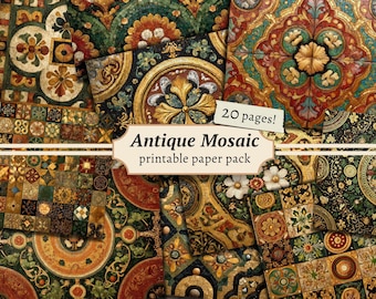 May include: A collection of antique mosaic printable paper pack designs. The designs feature intricate patterns in shades of green, gold, red, and blue. The text "Antique Mosaic printable paper pack" and "20 pages!" are visible.