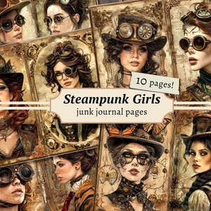 Steampunk Mädchen Junk Journal Seiten, Digitales Scrapbook Papier Kit, viktorianisches Printable, mechanisch industriell, Vintage Ephemera, Collage Sheet