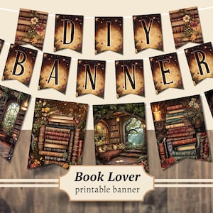 May include: A DIY banner with pennants spelling "DIY BANNER". Each pennant features a vintage illustration of a library or stacks of books, with the text "Book Lover printable banner" at the bottom. The banner is designed for book lovers.