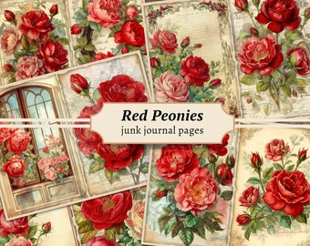 Red Peonies Junk Journal Pages, Vintage Floral Paper Kit, Digital Collage Sheet, Printable Peony Ephemera, Shabby Flower Botanical Scrapbook