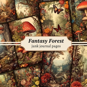 Pagine del diario spazzatura della foresta fantasy, kit di carta per album digitale, stampabile di funghi vintage, foglio di collage incantato, download floreale scuro