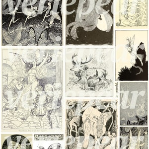 Puede incluir: Un collage de ilustraciones en blanco y negro con hadas, un ciervo y otras criaturas fant&aacute;sticas. Las im&aacute;genes se colocan sobre una variedad de fondos, incluyendo bosques, prados y noches estrelladas.