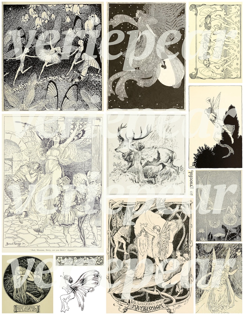 Puede incluir: Un collage de ilustraciones en blanco y negro con hadas, un ciervo y otras criaturas fant&aacute;sticas. Las im&aacute;genes se colocan sobre una variedad de fondos, incluyendo bosques, prados y noches estrelladas.