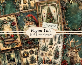 May include: A digital collage of 10 printable pages featuring vintage illustrations of winter scenes, including a bearded man wearing a red hat, a deer with antlers, and a Christmas tree. The text "Pagan Yule junk journal pages" is included in the image.