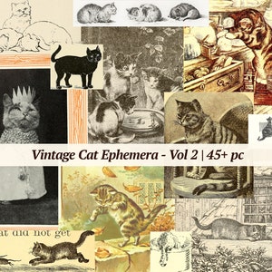 Coisas efêmeras de gato vintage | Mais de 45 unidades | Vol 2 | gatinho para impressão, kit de diário digital, folha de colagem, enfeites, papel de álbum de recortes vitoriano
