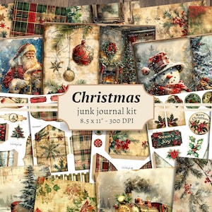 Kit de carnet de notes de Noël, papier de scrapbooking numérique, vacances d'hiver à imprimer, pages festives, feuille de collage père noël, éphémères vintage