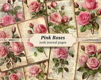 Pink Roses Junk Journal Pages, Digital Scrapbook Paper, Floral Collage Sheet, Shabby Chic Printable, Vintage Flowers, Old Document Ephemera