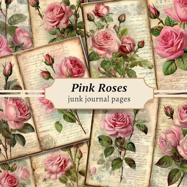 Pink Roses Junk Journal Pages, Digital Scrapbook Paper, Floral Collage Sheet, Shabby Chic Printable, Vintage Flowers, Old Document Ephemera
