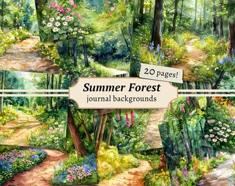 May include: A collage of 20 watercolour illustrations of a summer forest path. The path is lined with green trees, lush foliage, and wildflowers in shades of pink, blue, and yellow. The text "Summer Forest journal backgrounds" is included in the image.