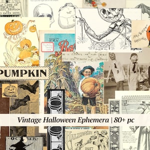 Halloween Vintage Ephemera | 80+ Stück | gruseliges Junk Journal zum Ausdrucken | Süßes oder Saures Scrapbook Papier | digitale Collagefolie, gruseliger Kürbis