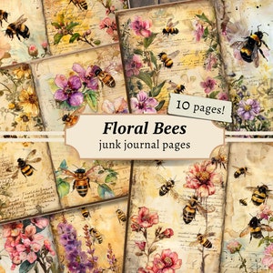 Floral Bees Junk Journal Pages, digital scrapbook paper, honey bee printable, flower collage sheet, vintage ephemera, watercolor beehive kit
