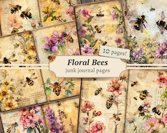 Floral Bees Junk Journal Pages, digital scrapbook paper, honey bee printable, flower collage sheet, vintage ephemera, watercolor beehive kit