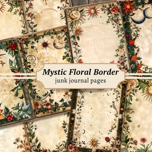 Pages de journal indésirable à bordure florale mystique, kit de papier de scrapbooking numérique, feuille de collage lune imprimable, céleste, téléchargement soleil, cadres vintage