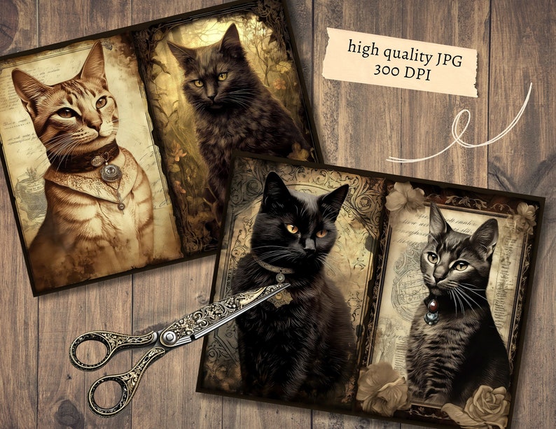 May include: Three vintage-style illustrations of cats with ornate frames. The first cat is a tabby with a collar and a pendant. The second cat is black with a collar and a pendant. The third cat is black with a collar and a pendant.