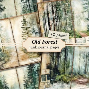 Oude bos ongewenste dagboekpagina's, digitaal plakboek, bospapierpakket, bos afdrukbaar, vintage ephemera, natuurcollageblad, boomkaarten