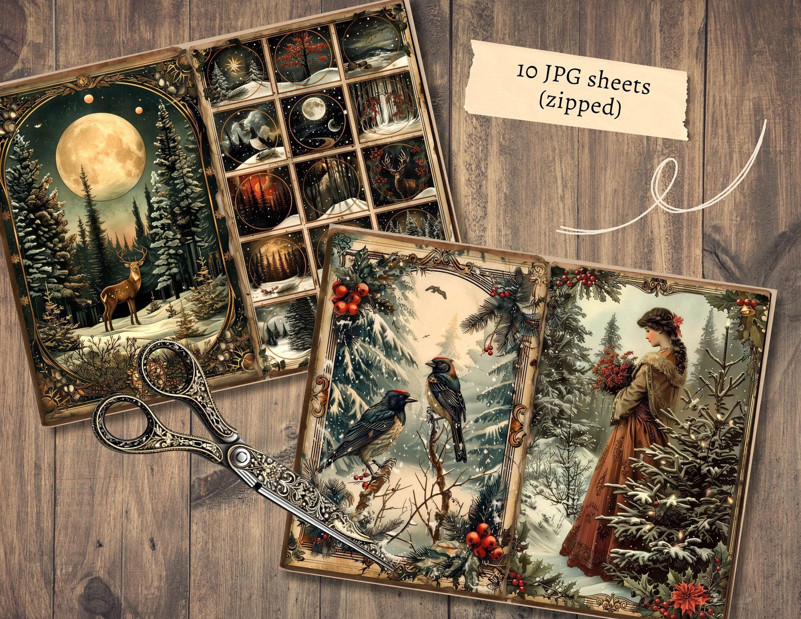 Solstice Collage Winter Solstice Junk Journal Pages, Digital Scrapbook, Yuletide Paper ...