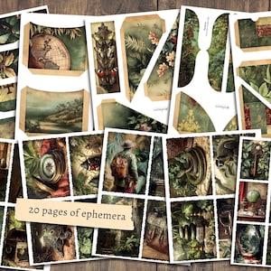 Może przedstawiać: Kolekcja stron efemerycznych w stylu vintage o tematyce botanicznej i podr&oacute;żniczej. Strony zawierają ilustracje globus&oacute;w, krajobraz&oacute;w, owad&oacute;w i element&oacute;w botanicznych. Widoczny jest tekst "20 pages of ephemera".