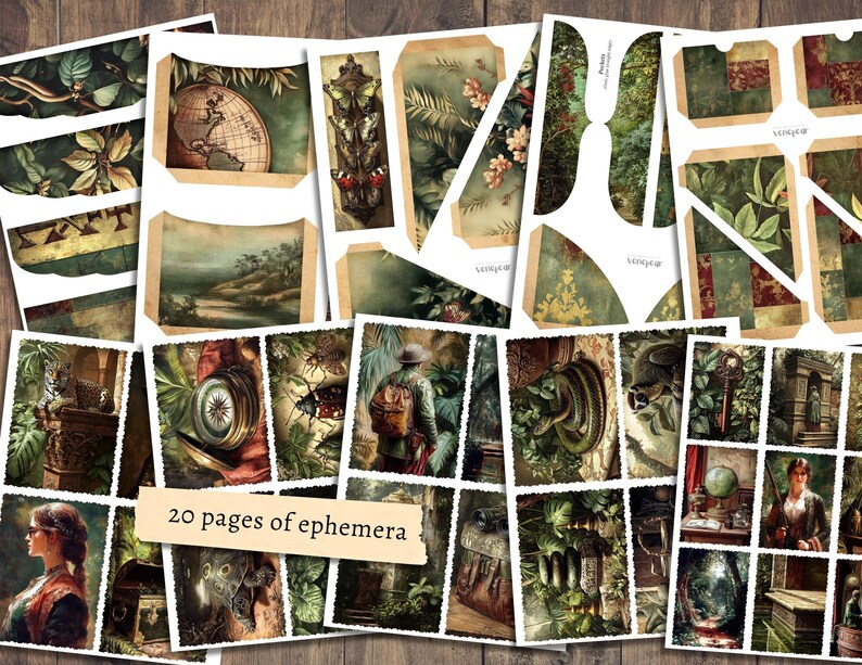 Może przedstawiać: Kolekcja stron efemerycznych w stylu vintage o tematyce botanicznej i podr&oacute;żniczej. Strony zawierają ilustracje globus&oacute;w, krajobraz&oacute;w, owad&oacute;w i element&oacute;w botanicznych. Widoczny jest tekst "20 pages of ephemera".