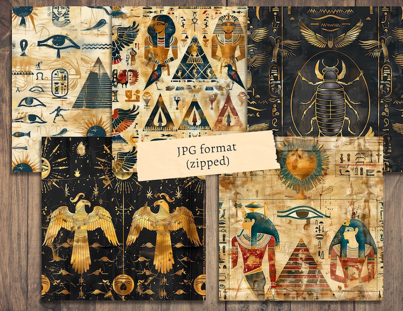 May include: A set of six digital paper patterns featuring an Egyptian theme. The patterns include images of pharaohs, pyramids, scarabs, and hieroglyphs in gold, black, and white on a textured background.