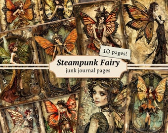 Steampunk Fairy Junk Journal Pages, digitale plakboekkit, Victoriaans afdrukbaar, grungekaarten, vintage ephemera, fantasy-collageblad