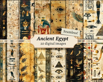 May include: A digital paper pack containing 20 seamless patterns featuring ancient Egyptian motifs. The patterns include hieroglyphs, pyramids, the Eye of Horus, and other symbols. The patterns are in shades of gold, black, and white.