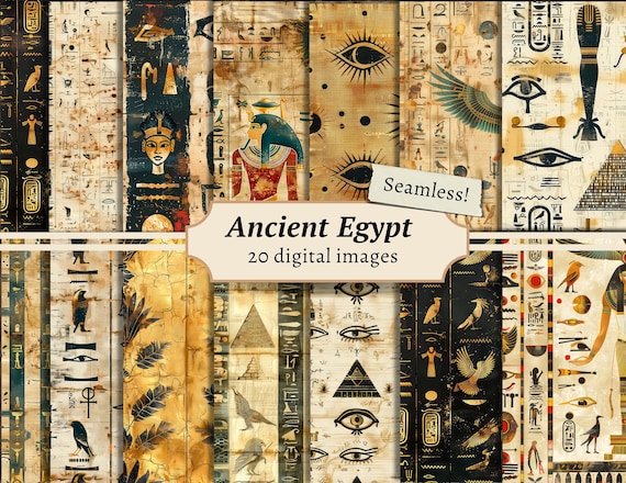 Ancient Egypt Seamless Digital Papers, Scrapbook Background Kit, Egyptian Printable, Hieroglyph Patterns, Vintage Journal Pages Download