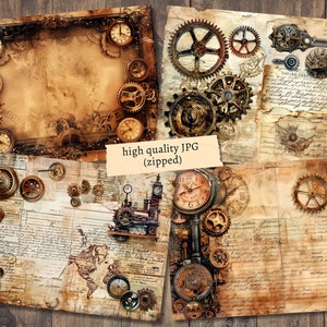 Pu&ograve; includere: Un set di sfondi di carta digitale con design vintage di ispirazione steampunk con ingranaggi, orologi e testo scritto a mano. Le carte sono in tonalit&agrave; di marrone, beige e crema.