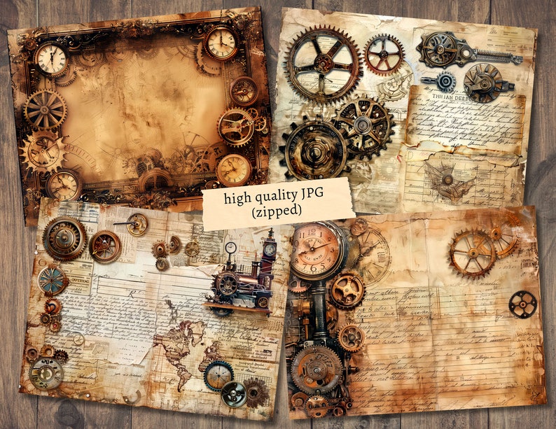 Pu&ograve; includere: Un set di sfondi di carta digitale con design vintage di ispirazione steampunk con ingranaggi, orologi e testo scritto a mano. Le carte sono in tonalit&agrave; di marrone, beige e crema.