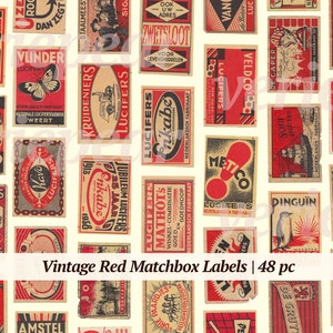 Etiquetas vintage para caixas de fósforos | 48x | coisas efêmeras vermelhas para impressão | fornecimentos para diários de caixas de fósforos | papel para download digital | rótulos de tabaco | Colagem faça você mesmo