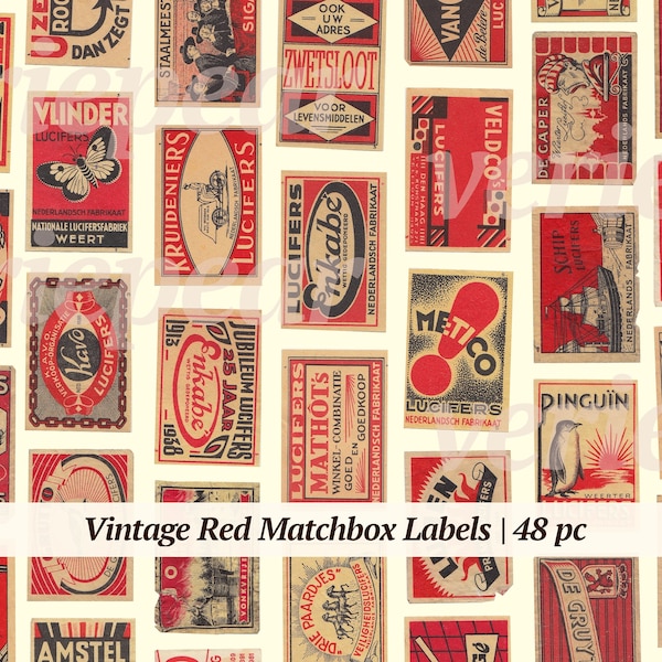 Vintage Matchbox Labels | 48x | red printable ephemera | match box journal supplies | digital download paper | tobacco labels | DIY collage