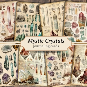 Mystic Crystals-dagboekkaarten, digitale plakboekkit, afdrukbare edelsteen, ongewenste dagboektags, vintage BOS-collageblad, Witch Stones ATC