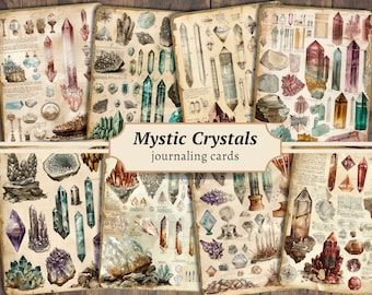 May include: A set of 10 vintage-style journaling cards featuring illustrations of various crystals and gemstones. The cards have a light brown background with a white border and the text "Mystic Crystals journaling cards".