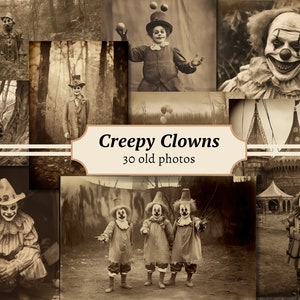 Fotos de payasos espeluznantes, fotografías de terror para imprimir, efímeras de diario basura vintage, kit de álbum de recortes digital, hoja de collage embrujada, circo oscuro